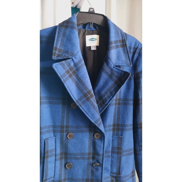 Old Navy Black and Blue Plaid Recycled Wool Blend Pea Coat Size L - Picture 4 of 10